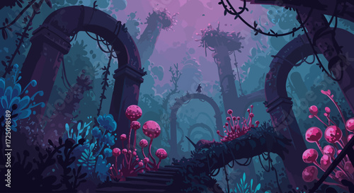 A captivating digital illustration depicting a fantastical ecosystem where bioluminescent 2D organic shapes intermingle with minimalist 3D architectural elements, creating an otherworldly.