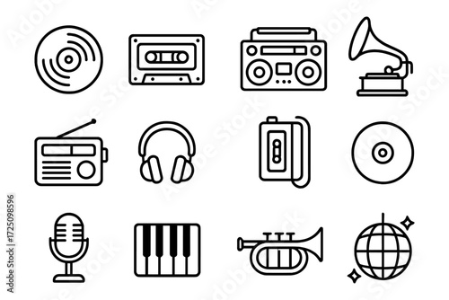 Retro music outline icons set featuring cassette and record player