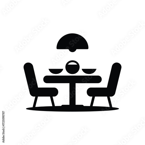 Dining Table Icon Minimalist Illustration with Chairs, Bowl, and Lamp Overhead