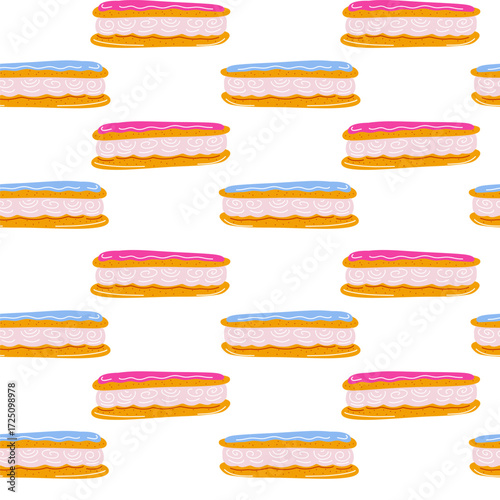 Seamless pattern with French eclairs, sweet pastry dessert background vector illustration.