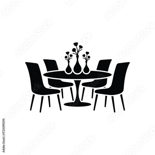 Dining Room Icon Round Table, Chairs, Vases, Elegant Design on White