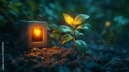 Glowing Plant in Dark Soil with Light Source Nearby