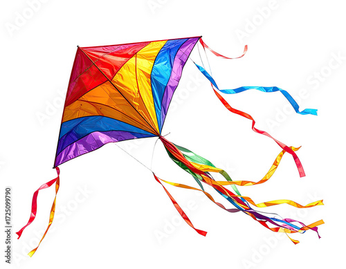 Wallpaper Mural Colorful diamond-shaped kite with rainbow-colored panels and trailing ribbons against a black background Torontodigital.ca
