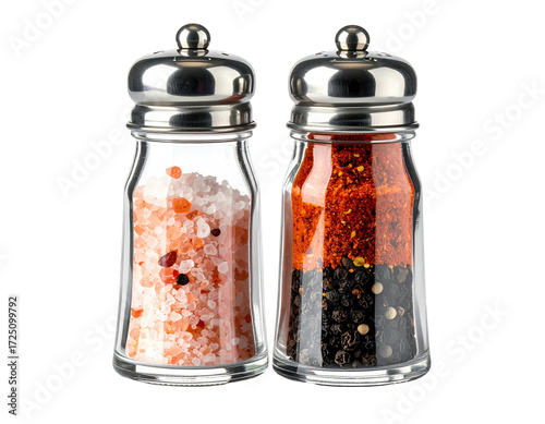 Wallpaper Mural Two small glass spice jars, one filled with pink Himalayan salt, the other with red pepper flakes and black peppercorns, topped with metal lids Torontodigital.ca