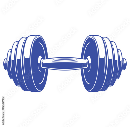 Isolated blue and white vector illustration of a classic dumbbell for fitness and strength training