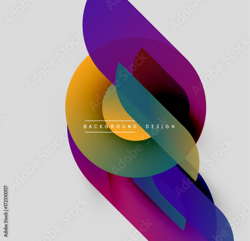 Abstract colorful shapes overlap, creating dynamic visual effect. Gradient hues blend smoothly, modern design element.