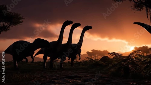 Dinosaurs walking across a prehistoric landscape, with a large carnivorous dinosaur confronting a group of long-necked herbivores under a dramatic sunset sky