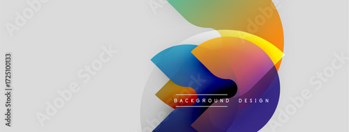 Abstract colorful shapes overlap, creating dynamic visual effect. Gradient hues blend smoothly, forming modern background design.