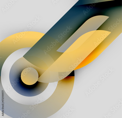 Abstract shapes overlap, creating dynamic composition. Yellows, grays, blues blend softly. Minimalist design evokes movement, depth.