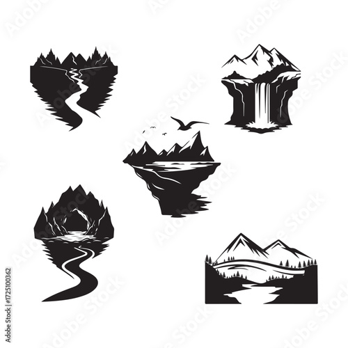 Mountain landscape silhouette set with rivers