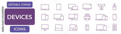 Devices  Editable strok line icons. Vector set for technology and electronics interface, app.
