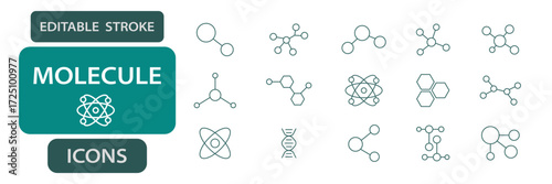Molecule Editable stroke line icons.  vector set for science, chemistry and biology.