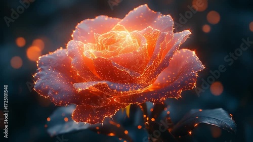 Glowing Rose with Sparkling Particles at Night