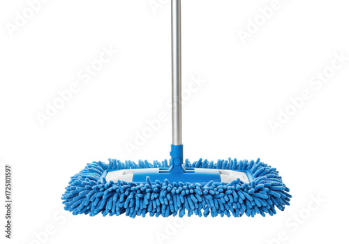 Isolated mop with blue microfiber head for floor cleaning in home or office care indoors