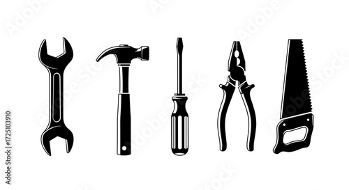 Set of 5 hand tools icons wrench hammer screwdriver pliers saw Black and white design Isolated vector