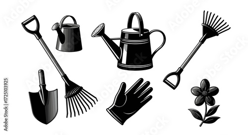 Collection of gardening tools including watering can, shovel, rake, glove and flower