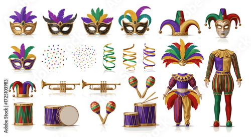 Mardi Gras icons set Carnival celebration design elements Vector illustration 