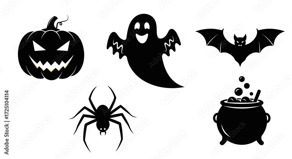Fototapeta premium Halloween icons set black silhouettes spooky characters simple design isolated background