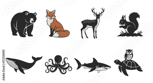 Set of 8 animal icons bear fox deer squirrel whale octopus shark turtle Simple line art style 