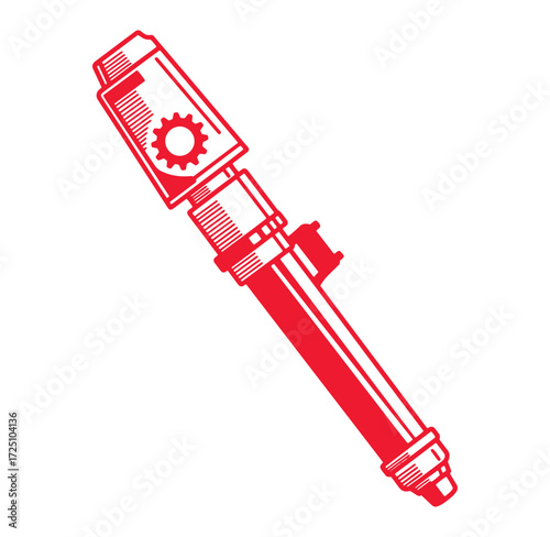 Red detailed mechanical part graphic with cogwheel design on isolated white background