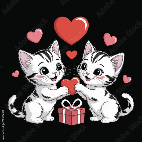 Two kittens sharing a heart with gift cats hearts