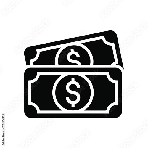 Two Dollar Bills Black Silhouette Icon on White Background Currency Symbol