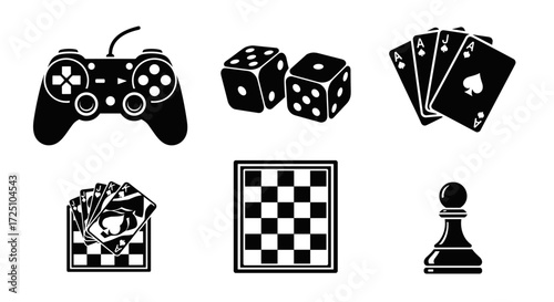 Collection of game icons featuring chess, cards, dice, and controller