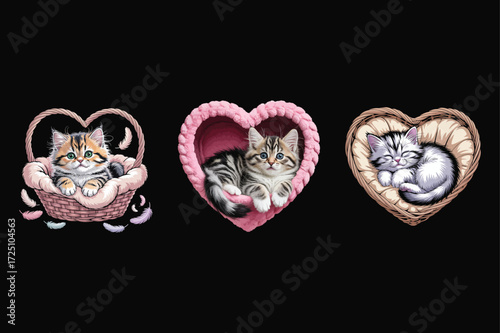 Three adorable kittens in heart shaped baskets cats
