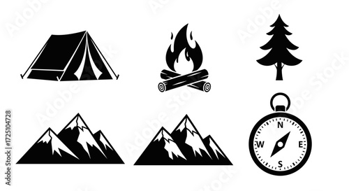 Camping adventure icons set featuring a tent, campfire, pine tree, mountains, and compass
