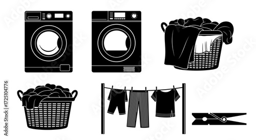 Laundry day icons set featuring washing machine and clothesline