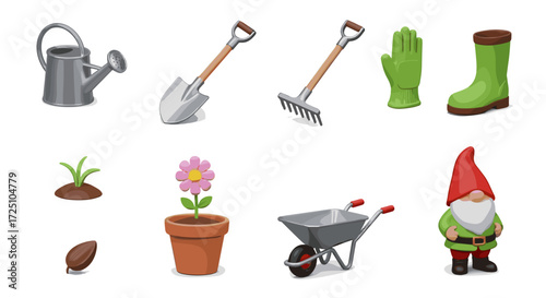 Collection of gardening tools and equipment, including watering can, shovel, rake, and wheelbarrow