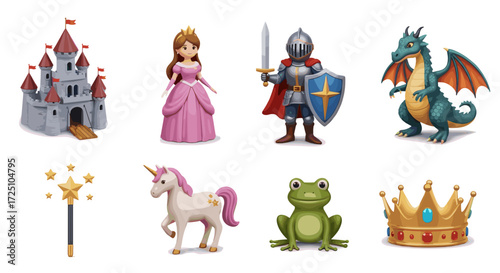 Collection of fairy tale characters including a princess, knight, dragon, and unicorn