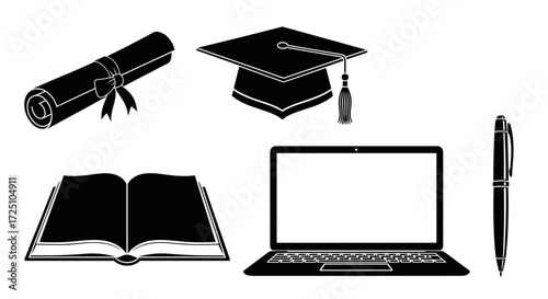 Graduation cap, diploma, book, laptop and pen for education concept
