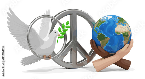 Peace symbol with dove, olive branch, and earth in hands