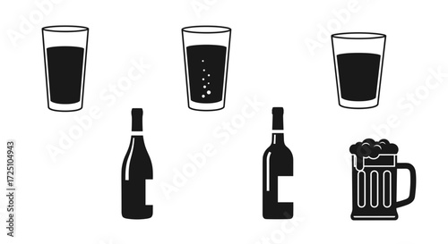 Illustration of various alcoholic beverages including beer, wine and liquor