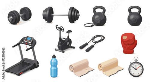 Collection of gym equipment, including weights, treadmill, and boxing glove