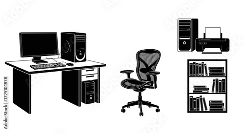 Office furniture set, including desk, computer, chair, and bookshelf