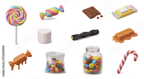Assortment of colorful candies including lollipop, chocolate, marshmallow