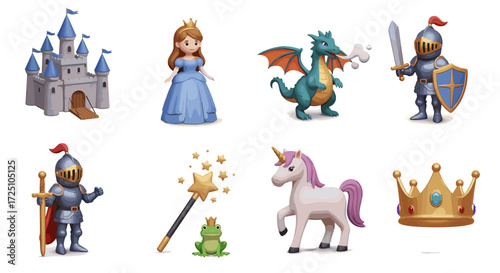 Set of fairytale characters, including castle, princess, dragon, knight