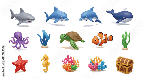 Collection of adorable sea creatures, including shark, dolphin, turtle, and clownfish