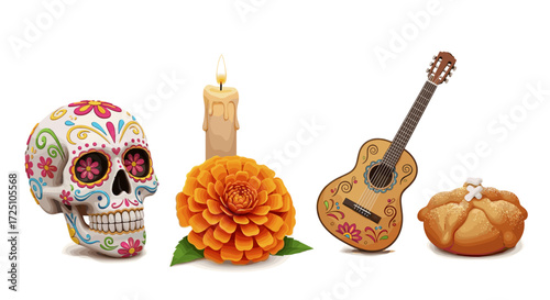 Day of the dead still life composition featuring traditional elements