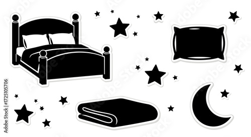 Illustration of a bed, pillow, blanket, moon, and stars