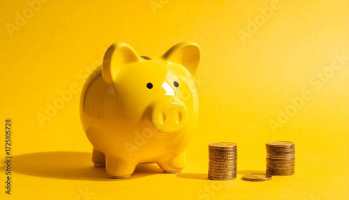 Yellow piggy bank with coin stacks on yellow surface and background, symbolizing savings, budgeting, and financial planning.