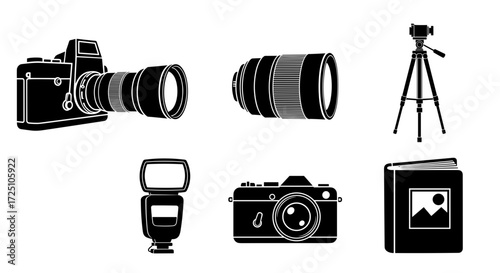 Camera equipment set with lens, tripod, flash, and book