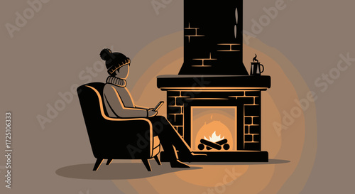 Woman relaxing in armchair near fireplace on cozy winter evening
