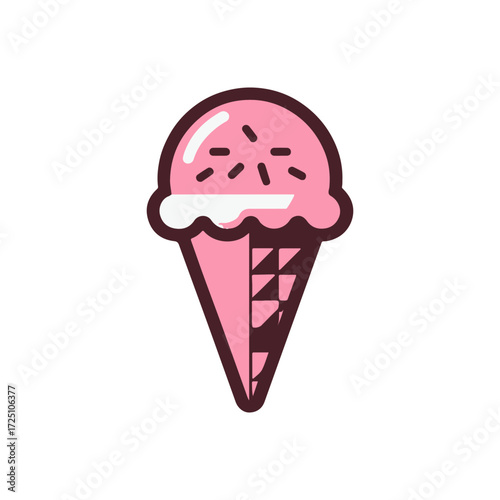 A colorful ice cream cone with pink ice cream and sprinkles against a simple background
