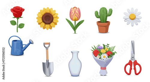 Collection of garden flowers and tools