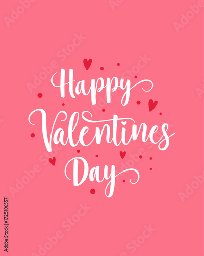 Pink Valentines Day card with red hearts. Poster greetings.