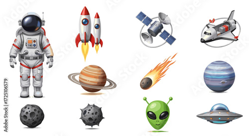 Set of space elements, astronaut, rocket, planet, comet and ufo