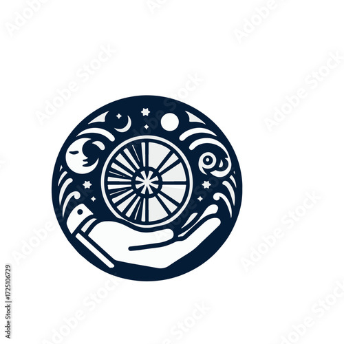 A hand cradling a celestial emblem featuring stars and cosmic elements, symbolizing guidance